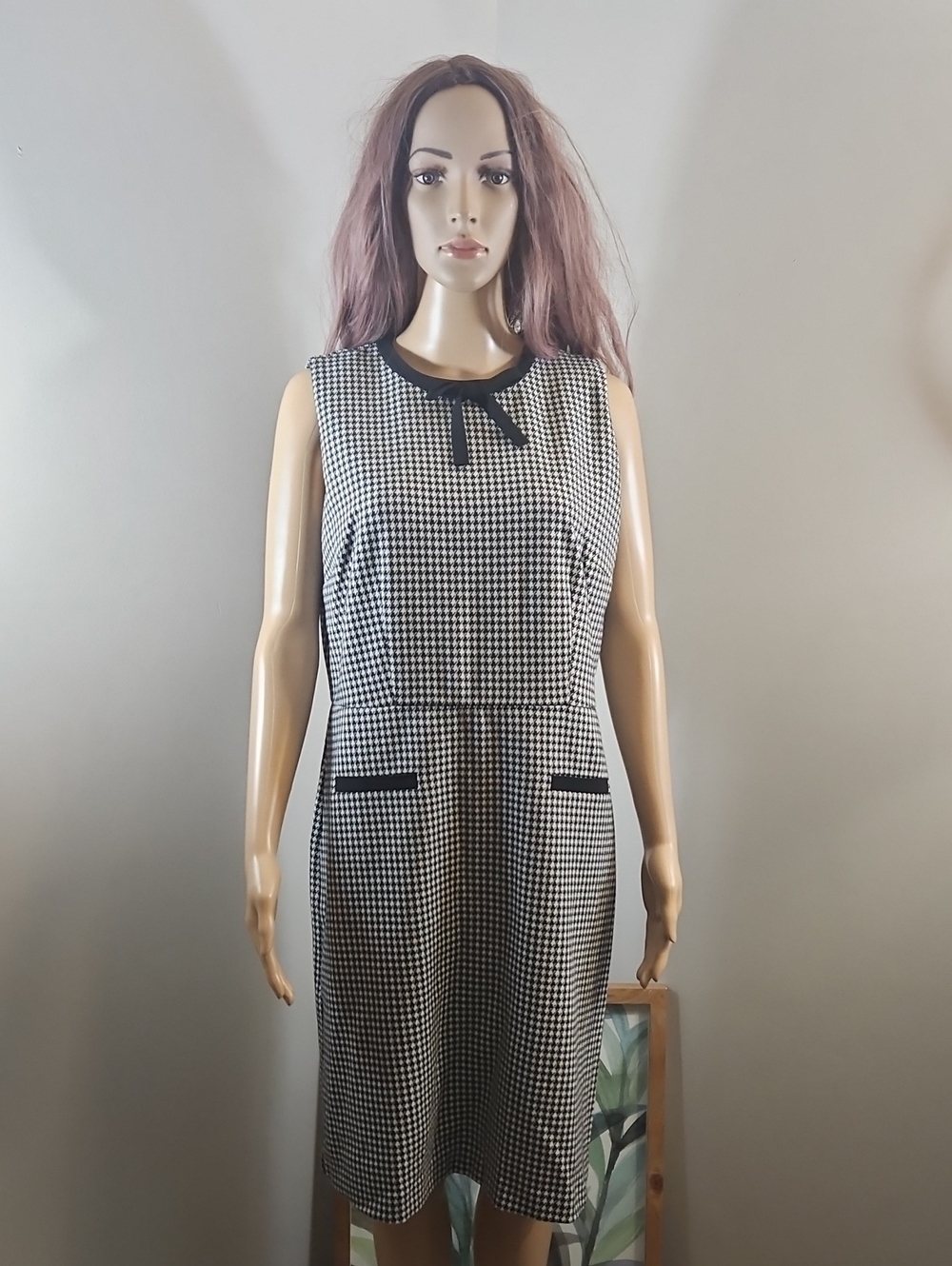 Talbots Black White Gingham Plaid Midi Dress Sleeveless Bow Size 12 Petite